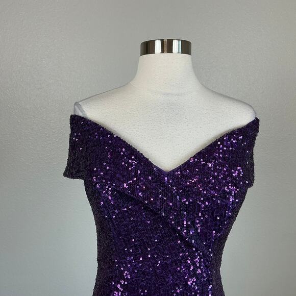 XSCAPE Off the Shoulder Sequined Evening Gown Size 8 Purple Long Formal Dress - Picture 6 of 13
